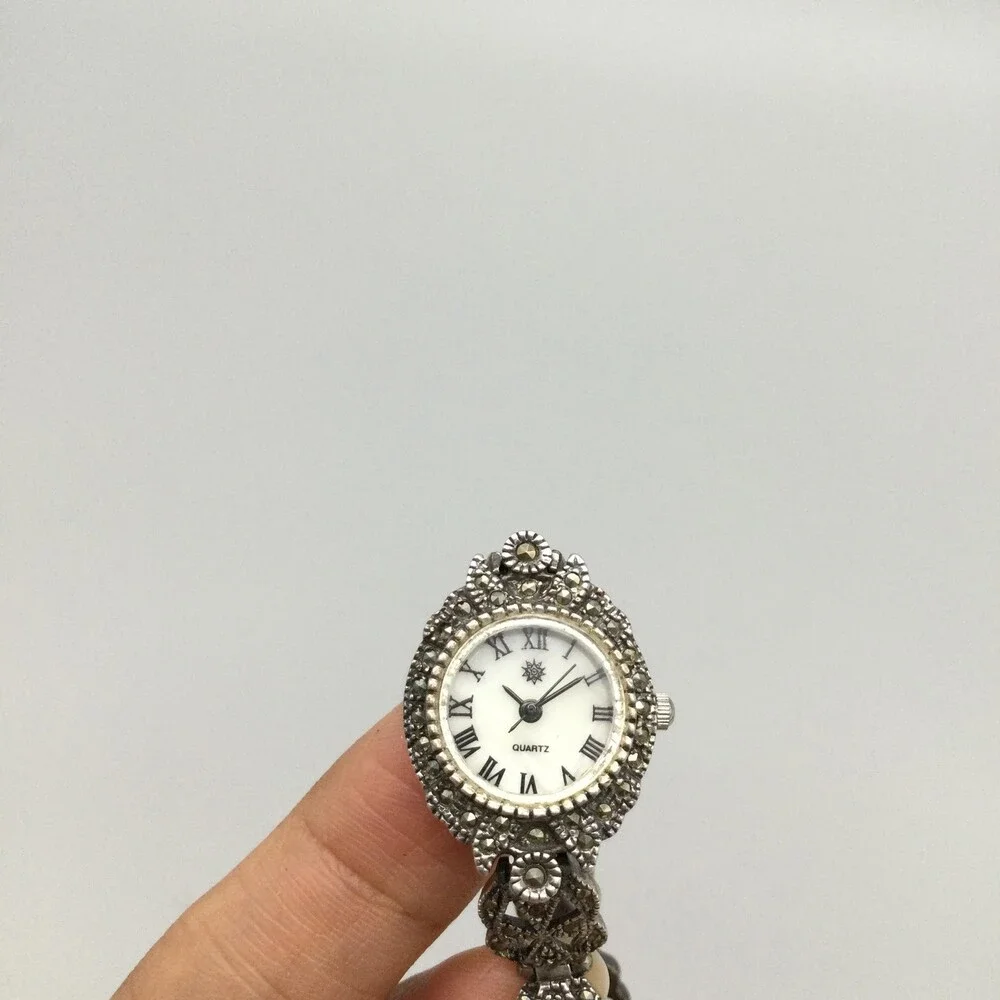 Vintage Marcasite Womens Watch 20mm 925 Sterling Silver New Battery 7.25